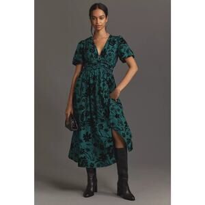 By Anthropologie Button-Front V-Neck Midi Dress - XS Dark Green
